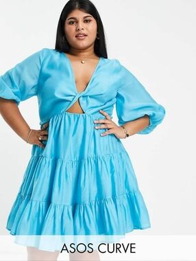 ASOS Curve Turquoise Twist-Front Tiered Mini Dress